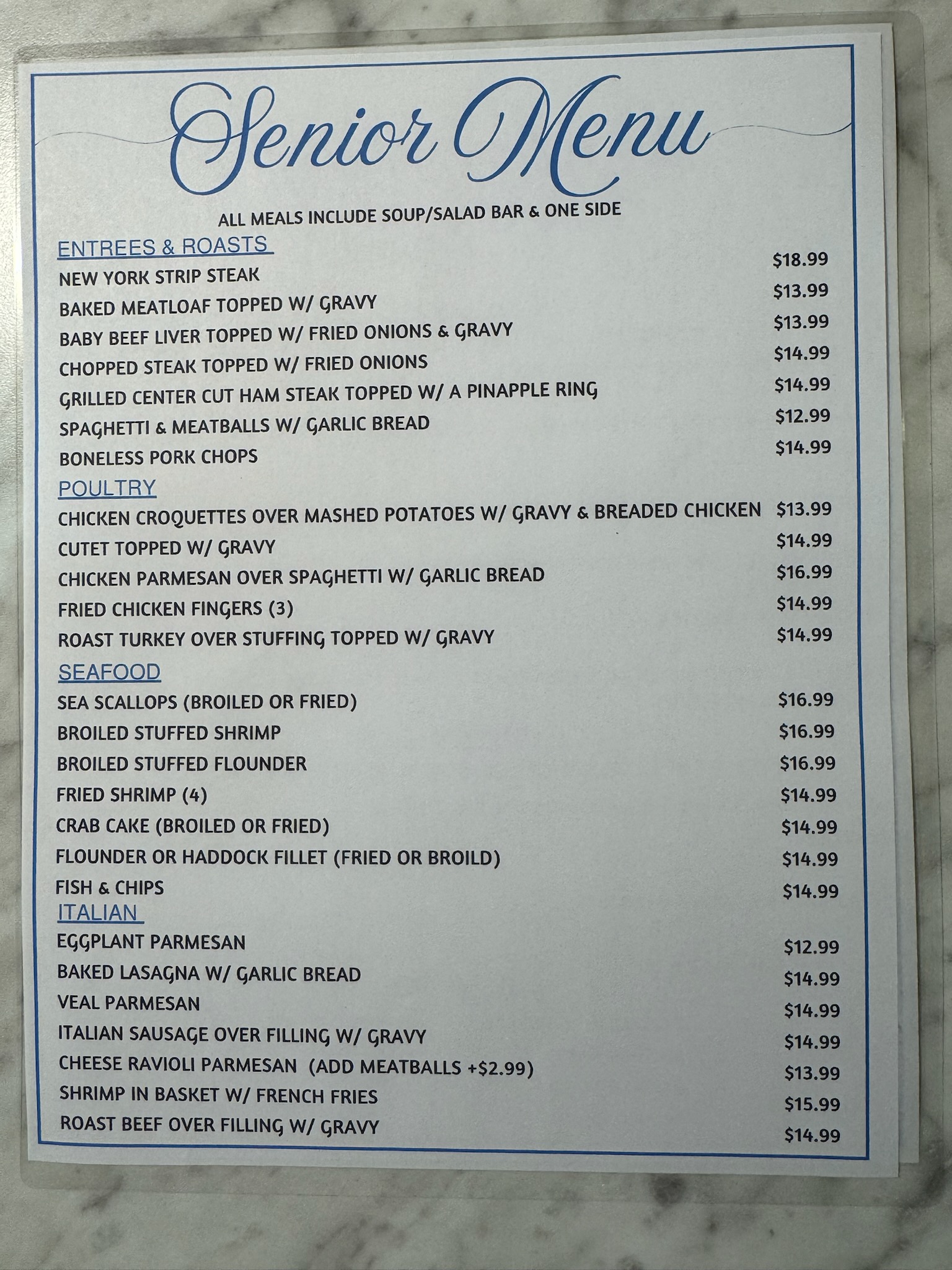 Senior Menu Fairlane Diner